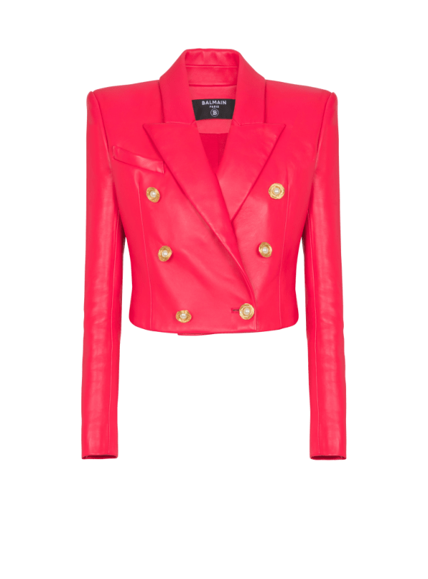 balmain paris Veste 6 boutons courte en cuir d'agneau rose - Femme