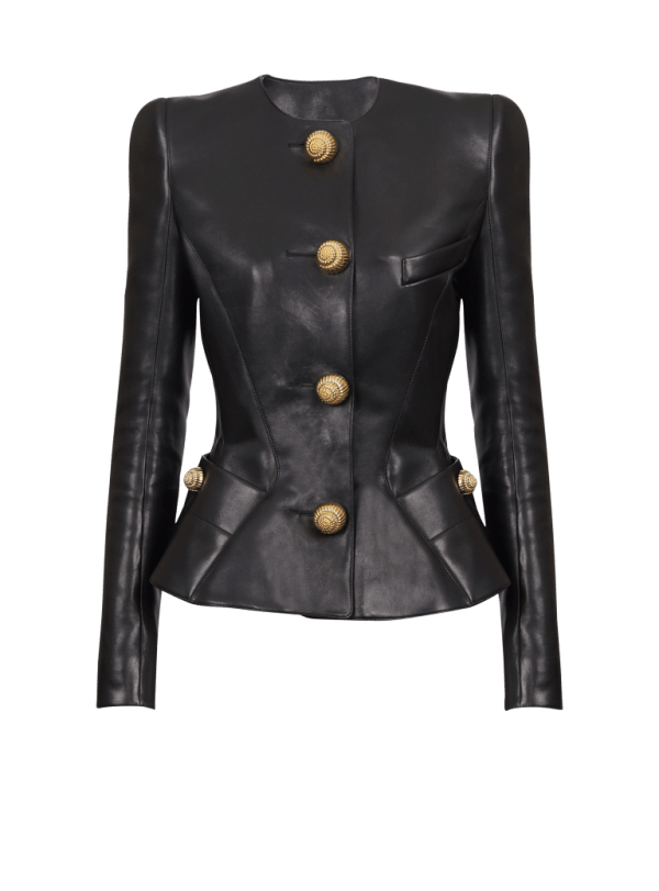 balmain paris Veste à basque en cuir d’agneau noir - Femme