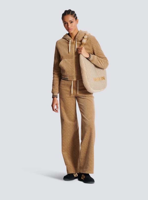 Balmain Paris Veste à Capuche En Velours Monogramme PB Labyrinthe Beige - Femme