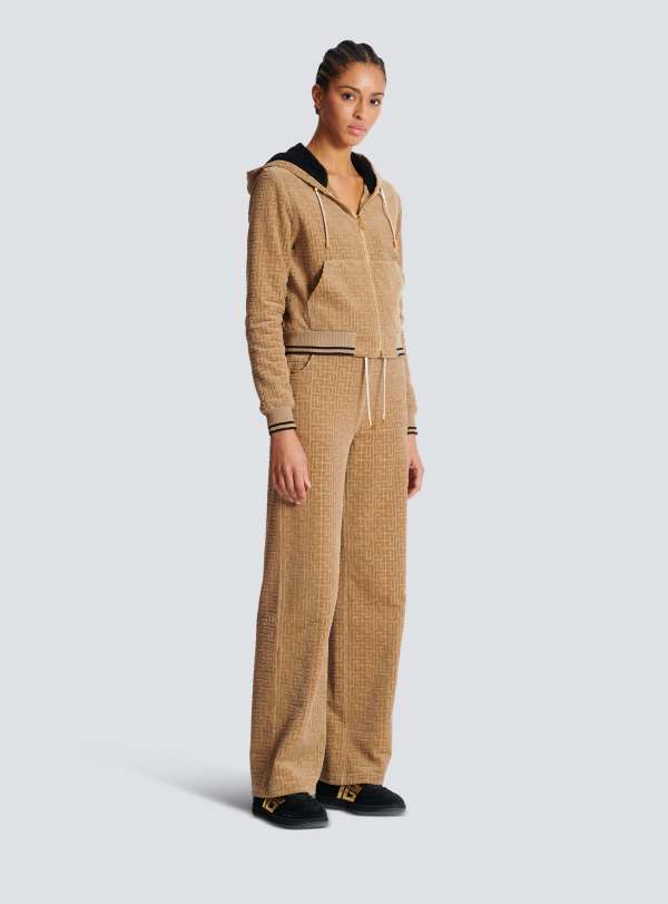 Balmain Paris Veste à Capuche En Velours Monogramme PB Labyrinthe Beige - Femme