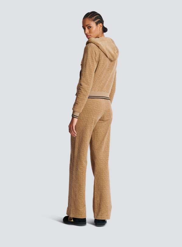 Balmain Paris Veste à Capuche En Velours Monogramme PB Labyrinthe Beige - Femme