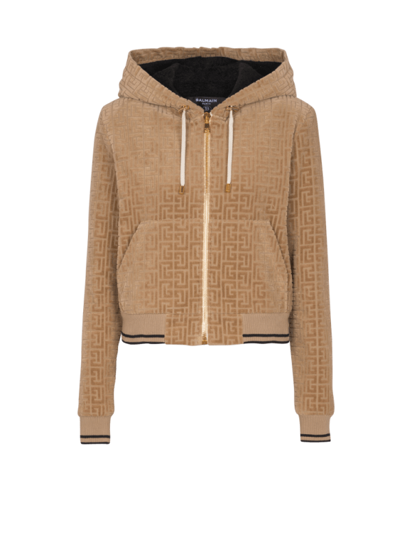 balmain paris Veste à capuche en velours monogramme PB Labyrinthe beige - Femme