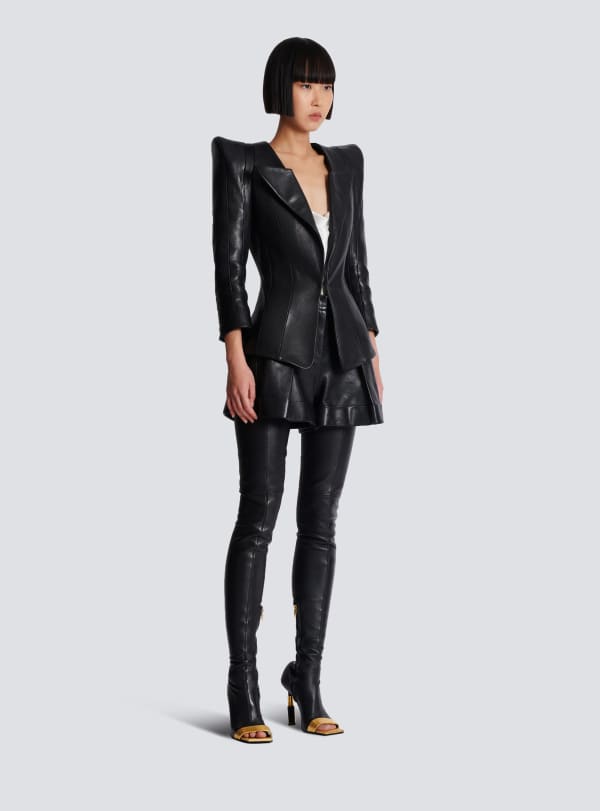 Balmain Paris Veste Ajustée En Cuir D'agneau Noir - Femme