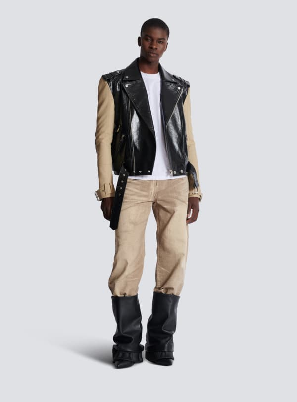 Balmain Paris Veste Biker Bi-matière En Cuir Et Coton Noir - Homme