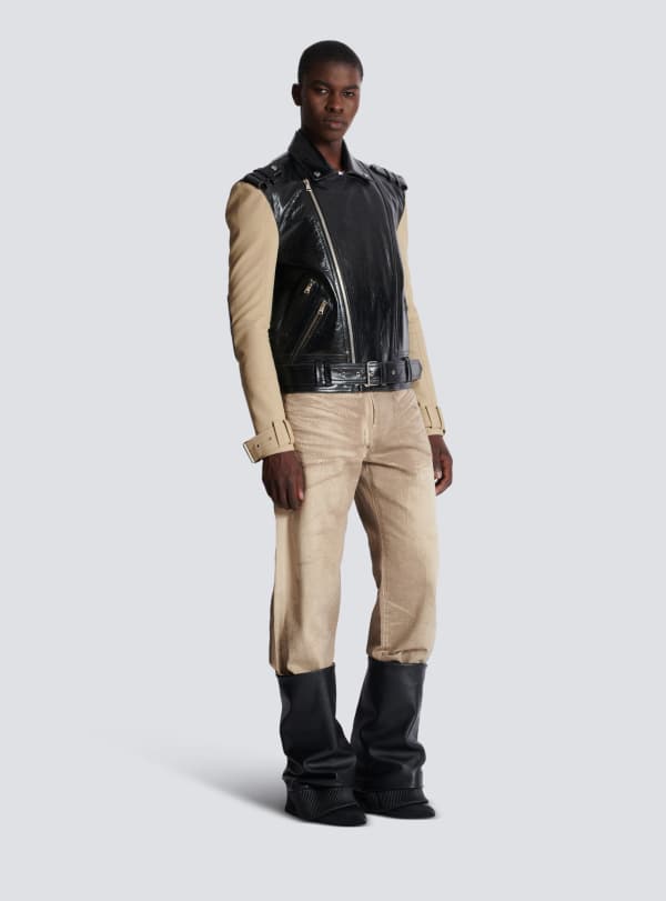 Balmain Paris Veste Biker Bi-matière En Cuir Et Coton Noir - Homme