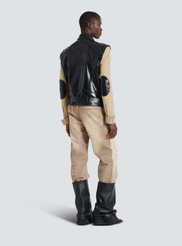 Balmain Paris Veste Biker Bi-matière En Cuir Et Coton Noir - Homme