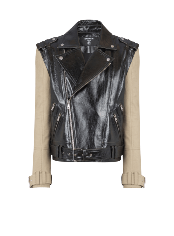 balmain paris Veste biker bi-matière en cuir et coton noir - Homme