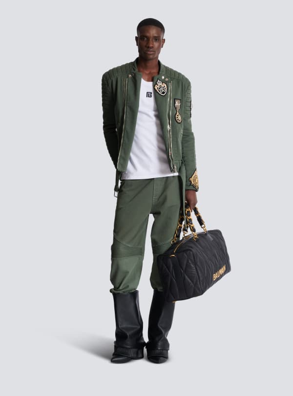 Balmain Paris Veste Biker En Denim à Patchs Brodés Kaki - Homme