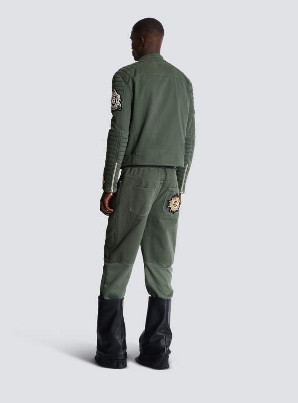 Balmain Paris Veste Biker En Denim à Patchs Brodés Kaki - Homme