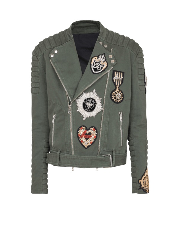 balmain paris Veste biker en denim à patchs brodés kaki - Homme