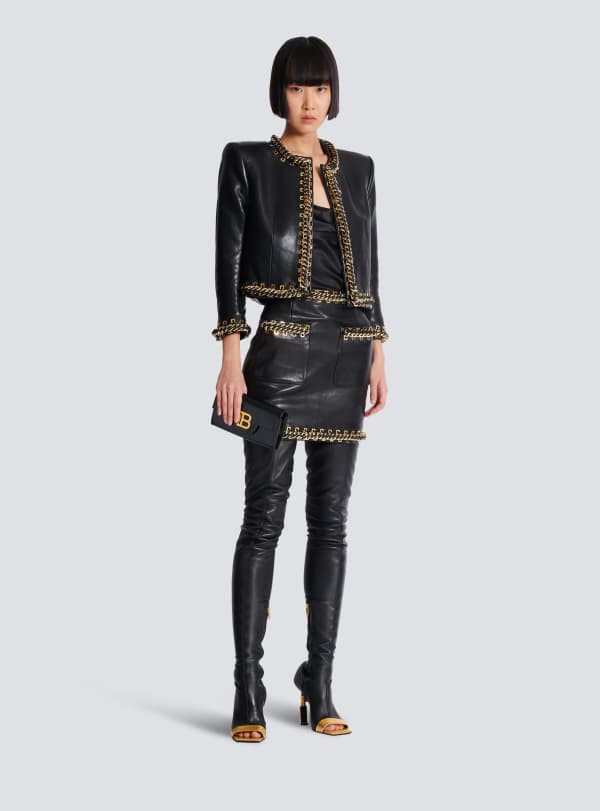Balmain Paris Veste Bord à Bord En Cuir D'agneau Avec Chaînes Noir - Femme