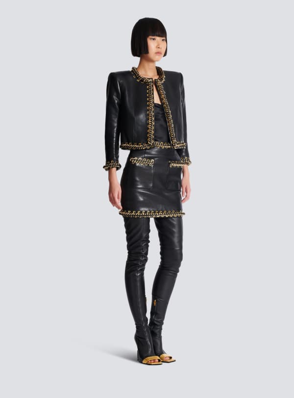 Balmain Paris Veste Bord à Bord En Cuir D'agneau Avec Chaînes Noir - Femme