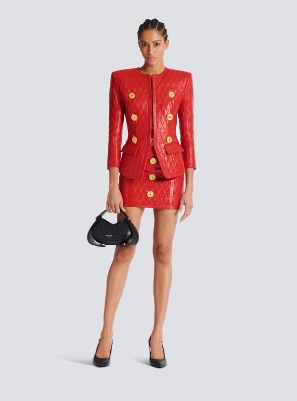 Balmain Paris Veste Bord à Bord En Cuir D'agneau Surpiqué Rouge - Femme