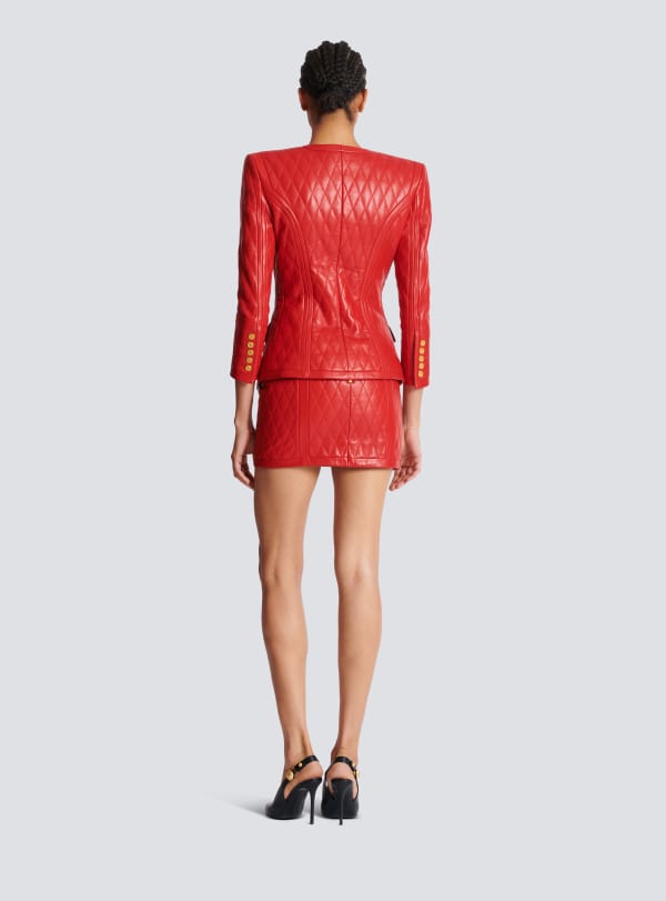 Balmain Paris Veste Bord à Bord En Cuir D'agneau Surpiqué Rouge - Femme