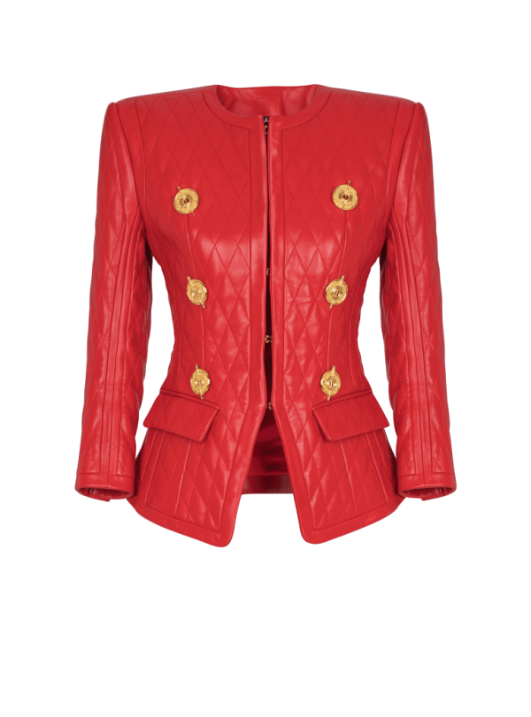 balmain paris Veste bord à bord en cuir d'agneau surpiqué rouge - Femme