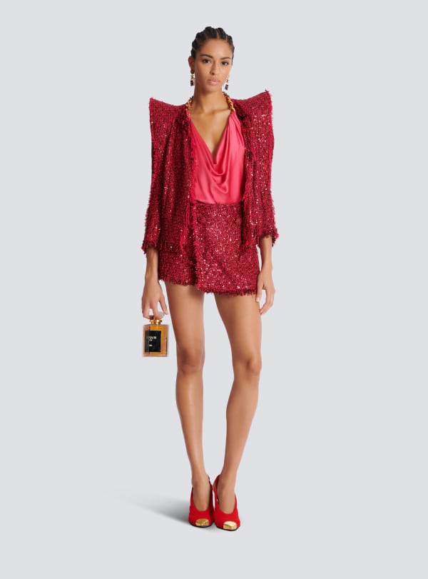 Balmain Paris Veste Bord à Bord En Tweed à Sequins Rose - Femme