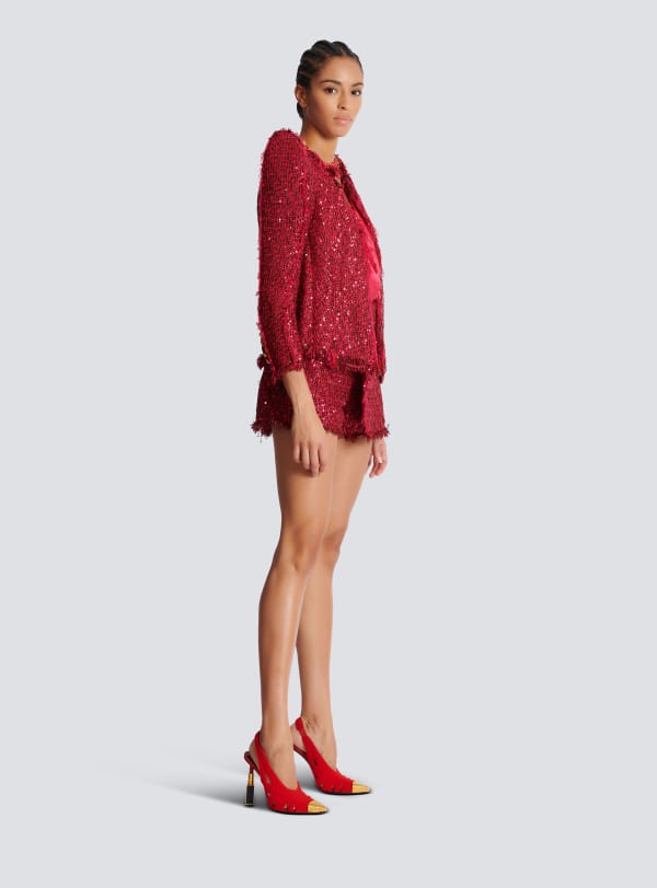 Balmain Paris Veste Bord à Bord En Tweed à Sequins Rose - Femme