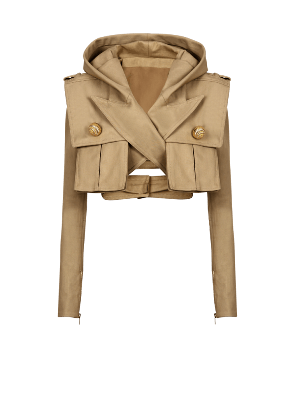 balmain paris Veste courte à capuche en coton beige - Femme