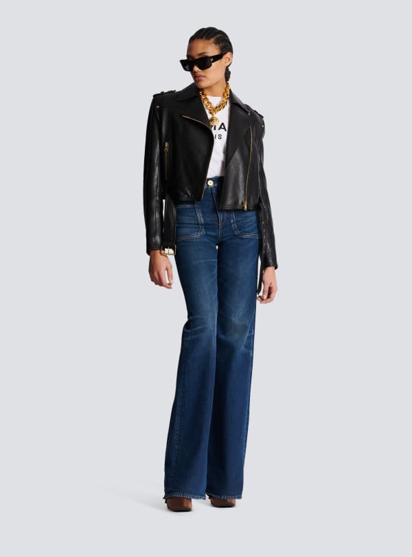 Balmain Paris Veste Courte Biker En Cuir Noir - Femme