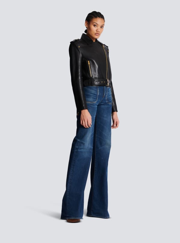 Balmain Paris Veste Courte Biker En Cuir Noir - Femme