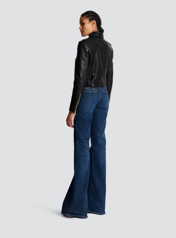 Balmain Paris Veste Courte Biker En Cuir Noir - Femme