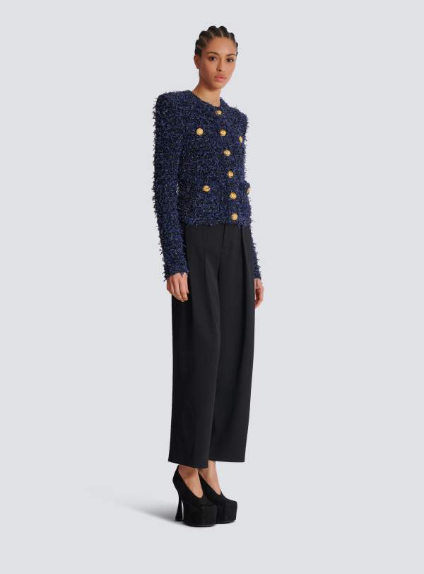 Balmain Paris Veste Courte En Maille En Tweed Bleu Marine - Femme