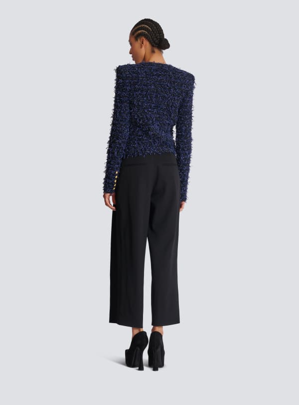 Balmain Paris Veste Courte En Maille En Tweed Bleu Marine - Femme