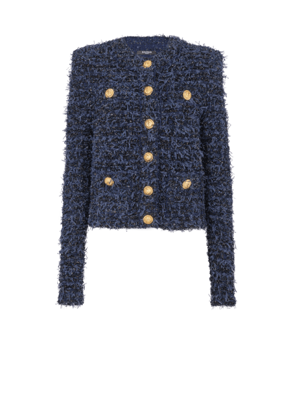 balmain paris Veste courte en maille en tweed bleu marine - Femme