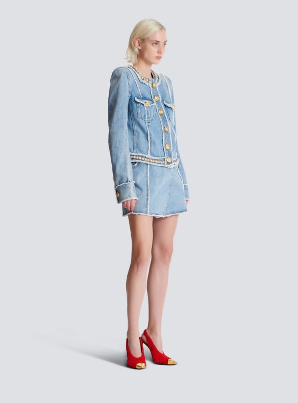 balmain Paris Veste En Denim Et Galons Perlés Bleu - Femme