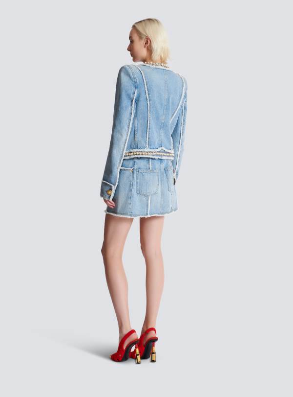 balmain Paris Veste En Denim Et Galons Perlés Bleu - Femme