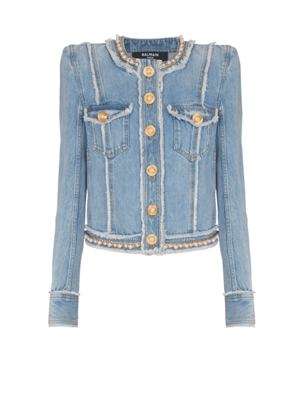 balmain paris Veste en denim et galons perlés bleu - Femme