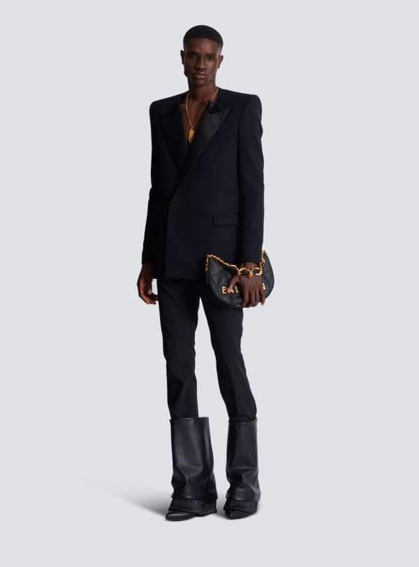 Balmain Paris Veste En Grain De Poudre Avec Revers En Satin Noir - Homme