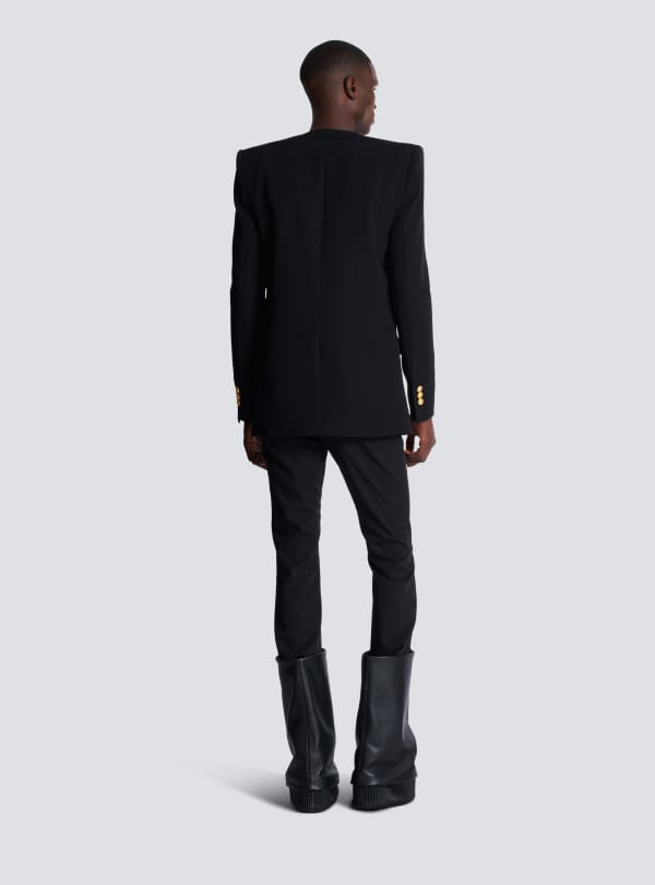 Balmain Paris Veste En Grain De Poudre Avec Revers En Satin Noir - Homme