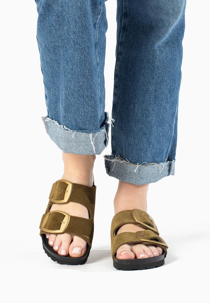 bayton Sandales 2 Brides Alicante Kaki en Cuir Suédé Bayton femme