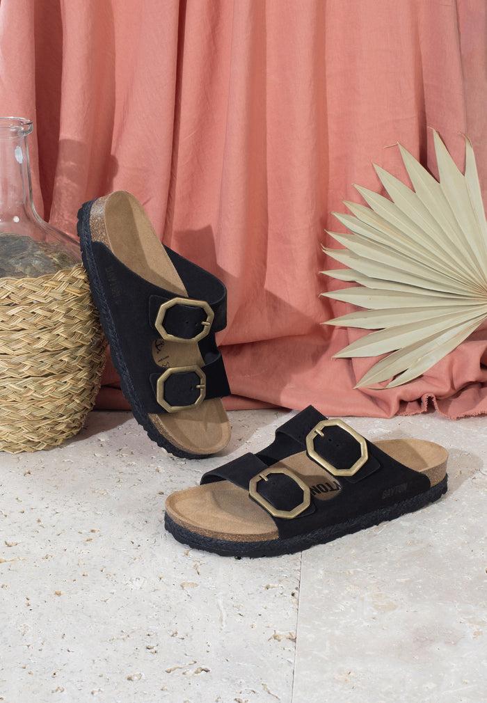 Bayton Sandales 2 Brides Benalla Noir En Cuir Suédé Bayton Femme