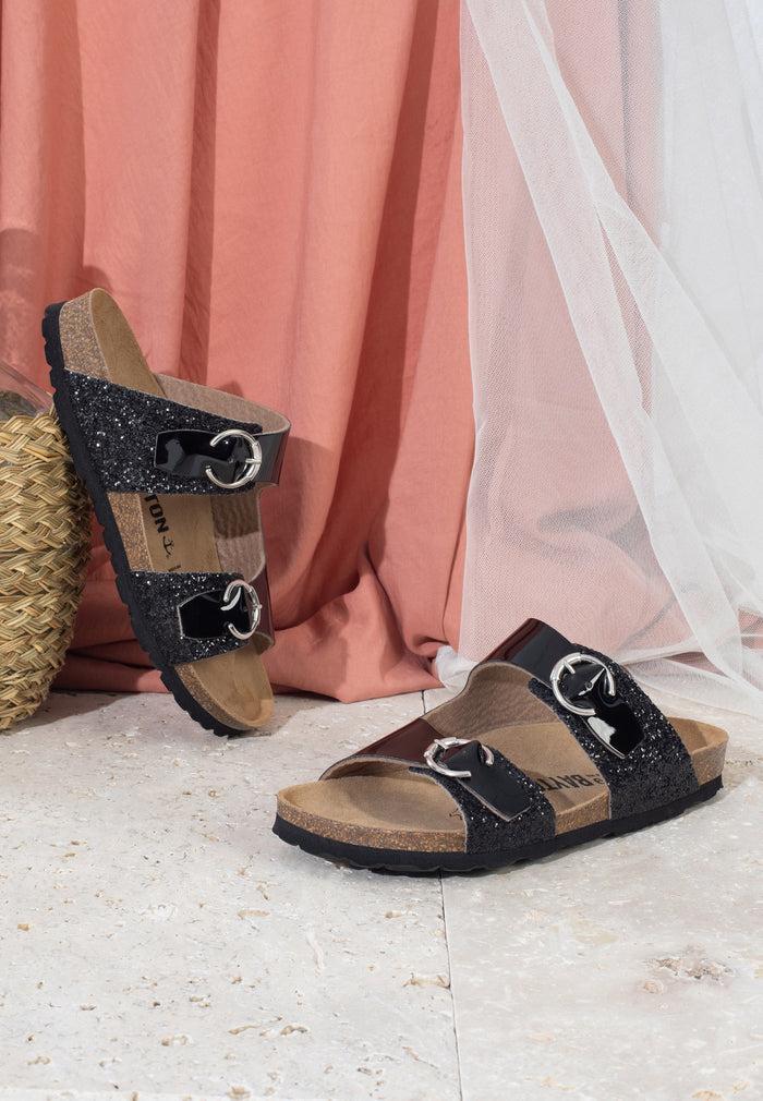 Bayton Sandales 2 Brides Ilithyie Noir Et Paillettes Bayton Femme