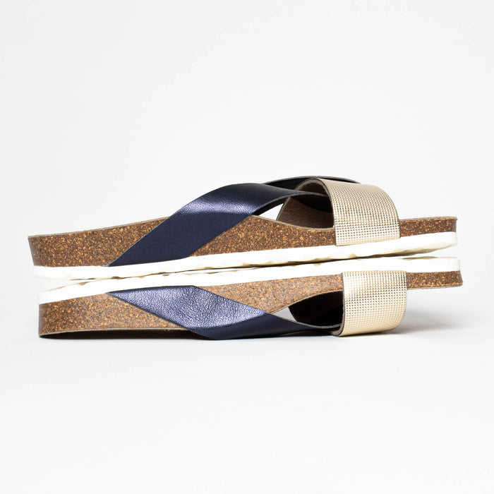 Bayton Sandales 2 Brides Mildura Multibrides Bleu Marine Et Dorées Bayton Femme