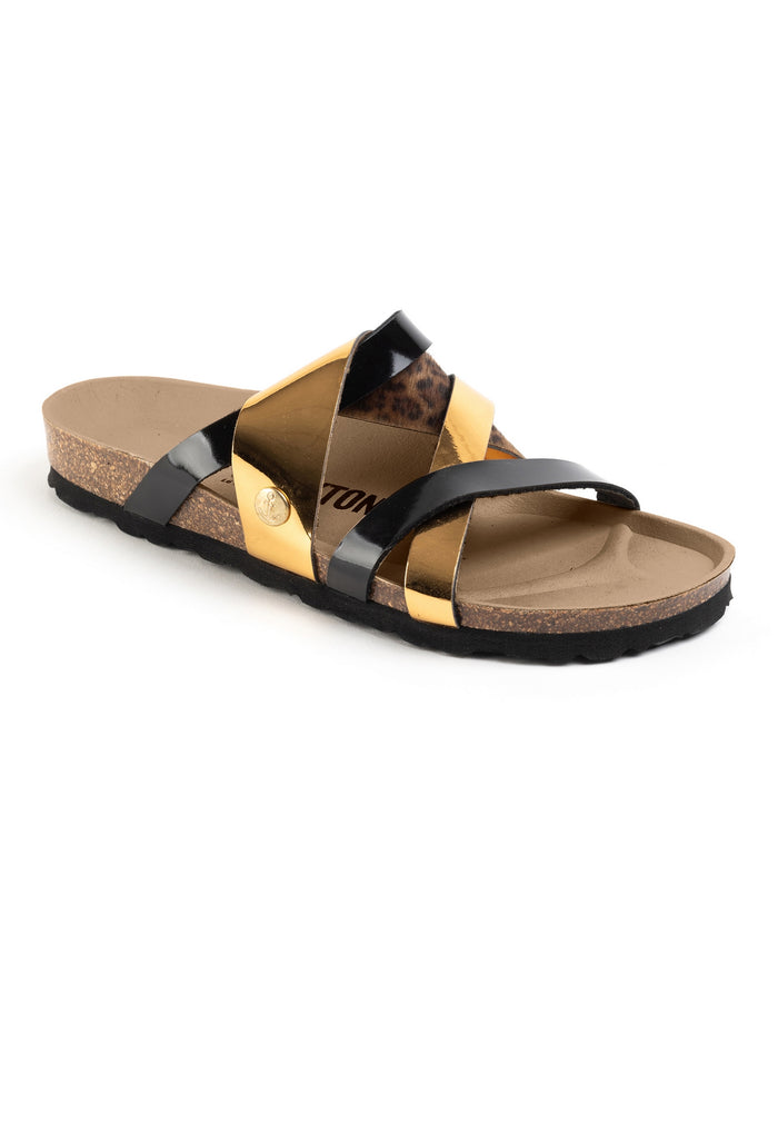 Bayton Sandales Batz Noir Et Dorées Et Leopard Multi-Brides Bayton Femme