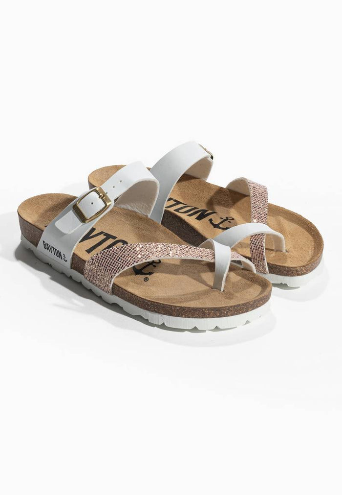 Bayton Sandales Diane Blanc Et Rose Gold Pailletées à Entre-Doigts Bayton Femme