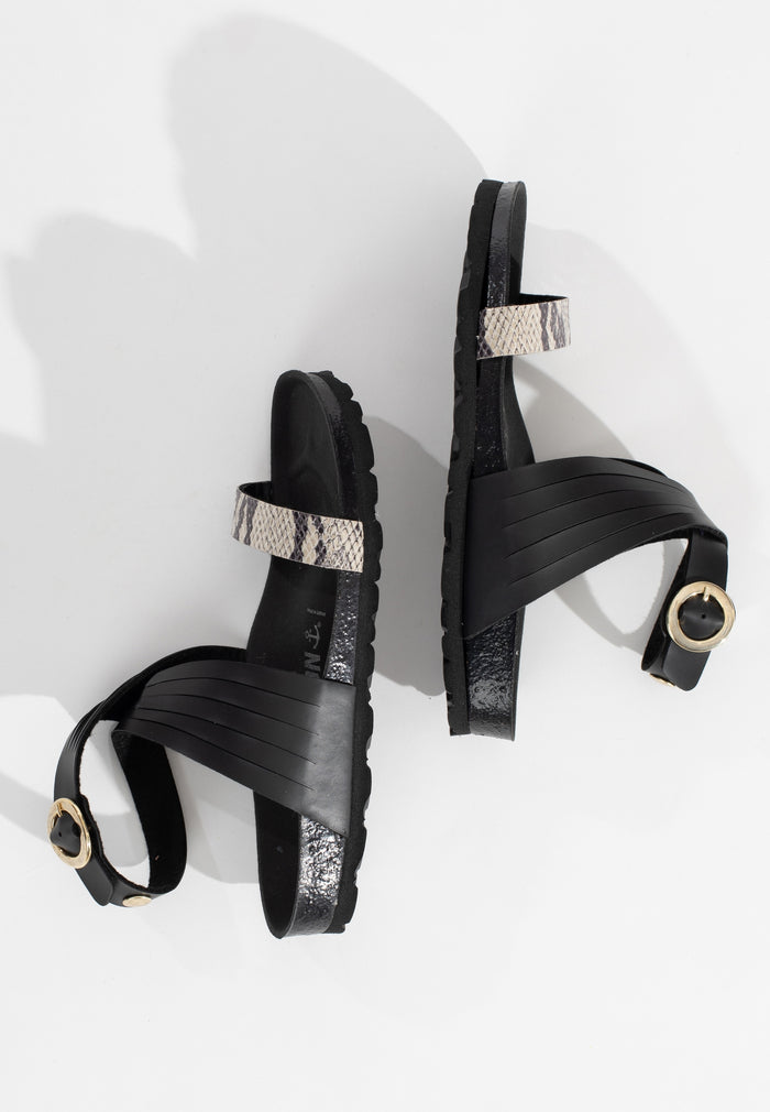 Bayton Sandales Garrigue Noir Et Beige Python Multi-Brides Bayton Femme