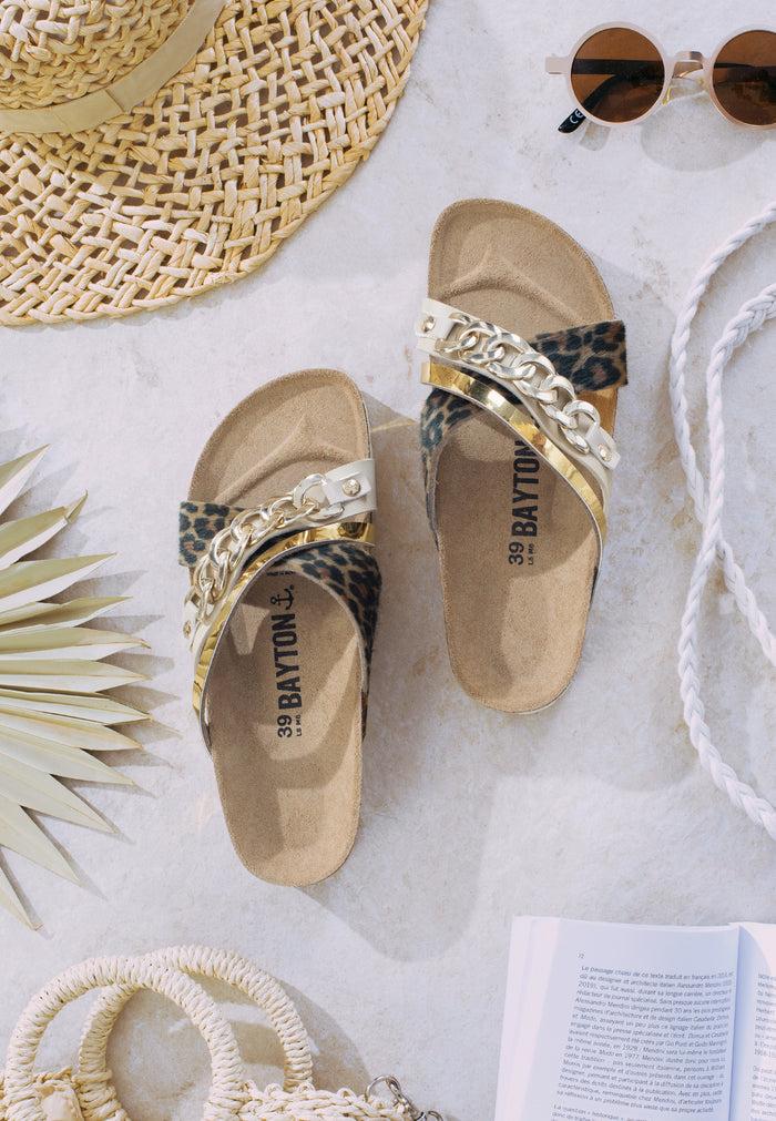 Bayton Sandales Magritte Beige Et Léopard Et Doré Multi-Brides Bayton Femme