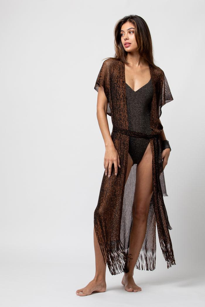 beliza GILET LONG LIMA LUREX COFEE