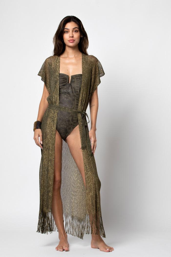 Beliza GILET LONG LIMA LUREX KAKI