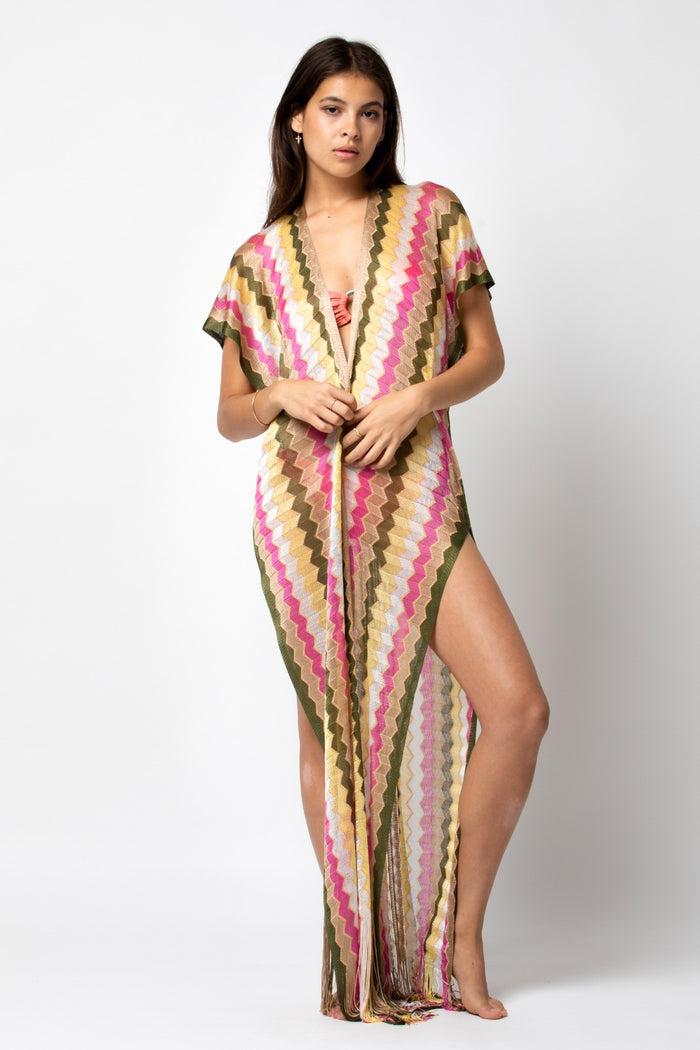 Beliza GILET LONG LIMA MULTICO KAKI PINK