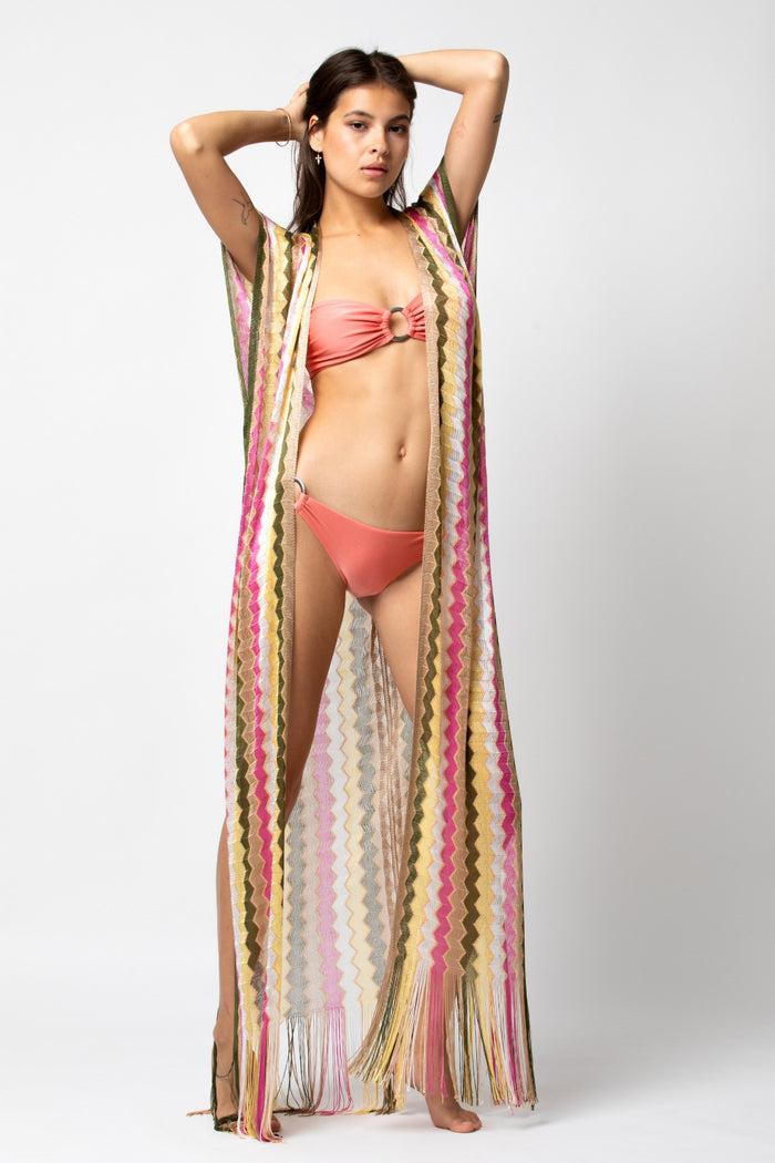 beliza GILET LONG LIMA MULTICO KAKI PINK