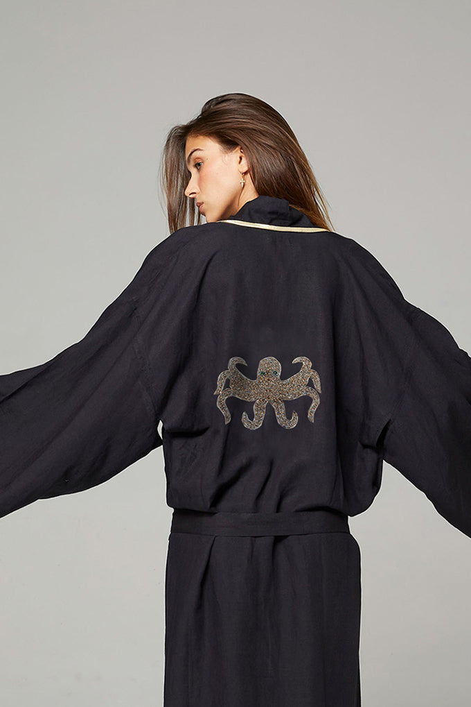 Beliza KIMONO COURT BRODERIE POULPE NOIR