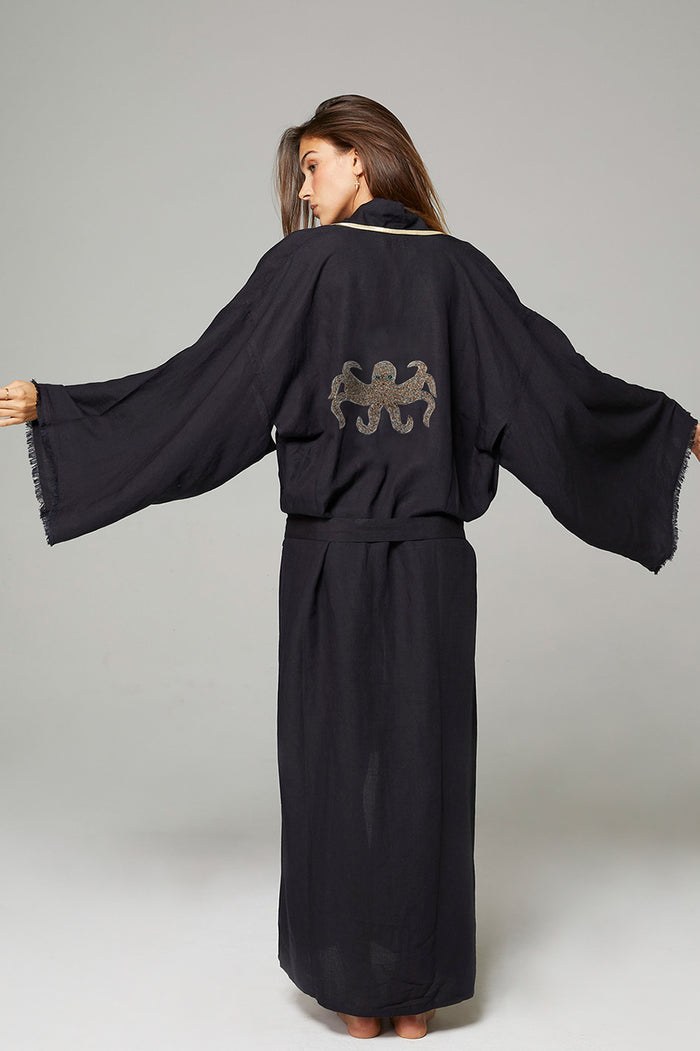 beliza KIMONO LONG BRODERIE POULPE NOIR