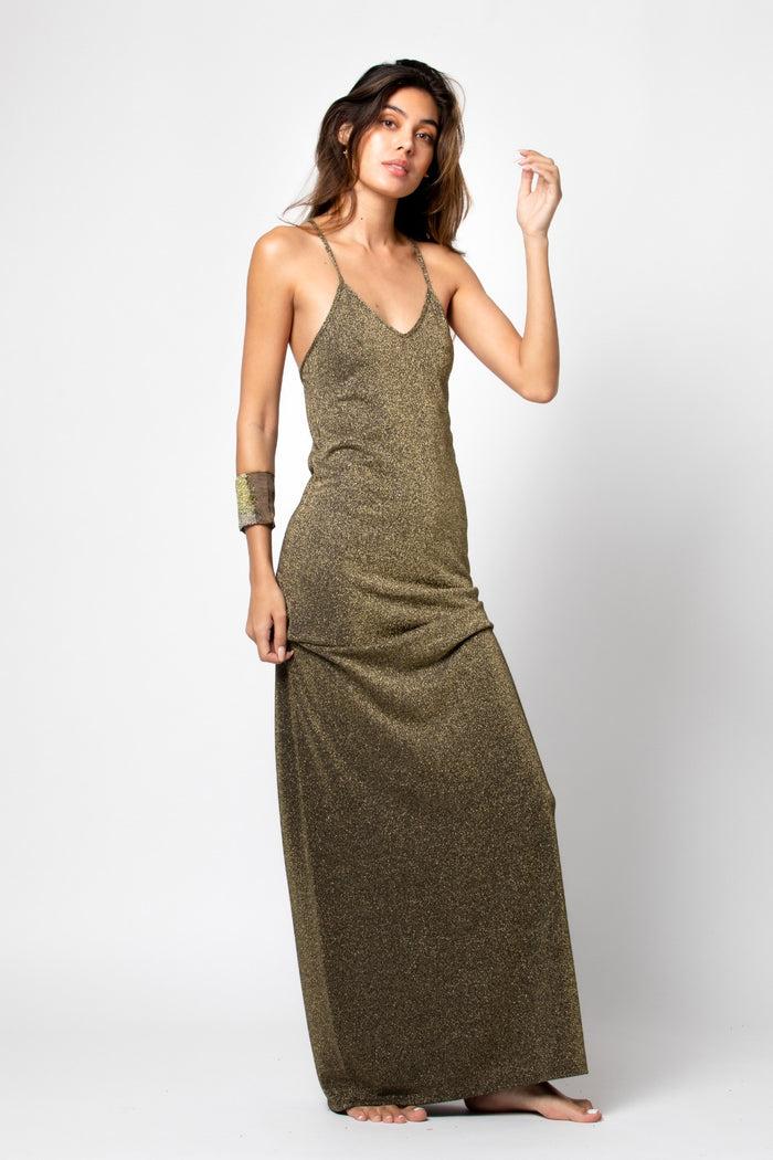 beliza ROBE LONGUE DOS NU JILA LUREX GOLD KAKI