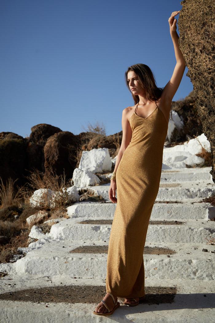 Beliza ROBE LONGUE DOS NU KALI LUREX DORE