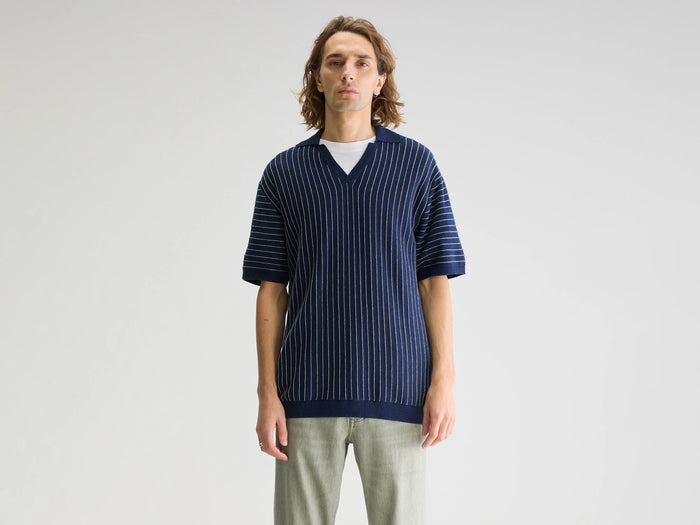 Bellerose Polo rayé col V bleu pour homme